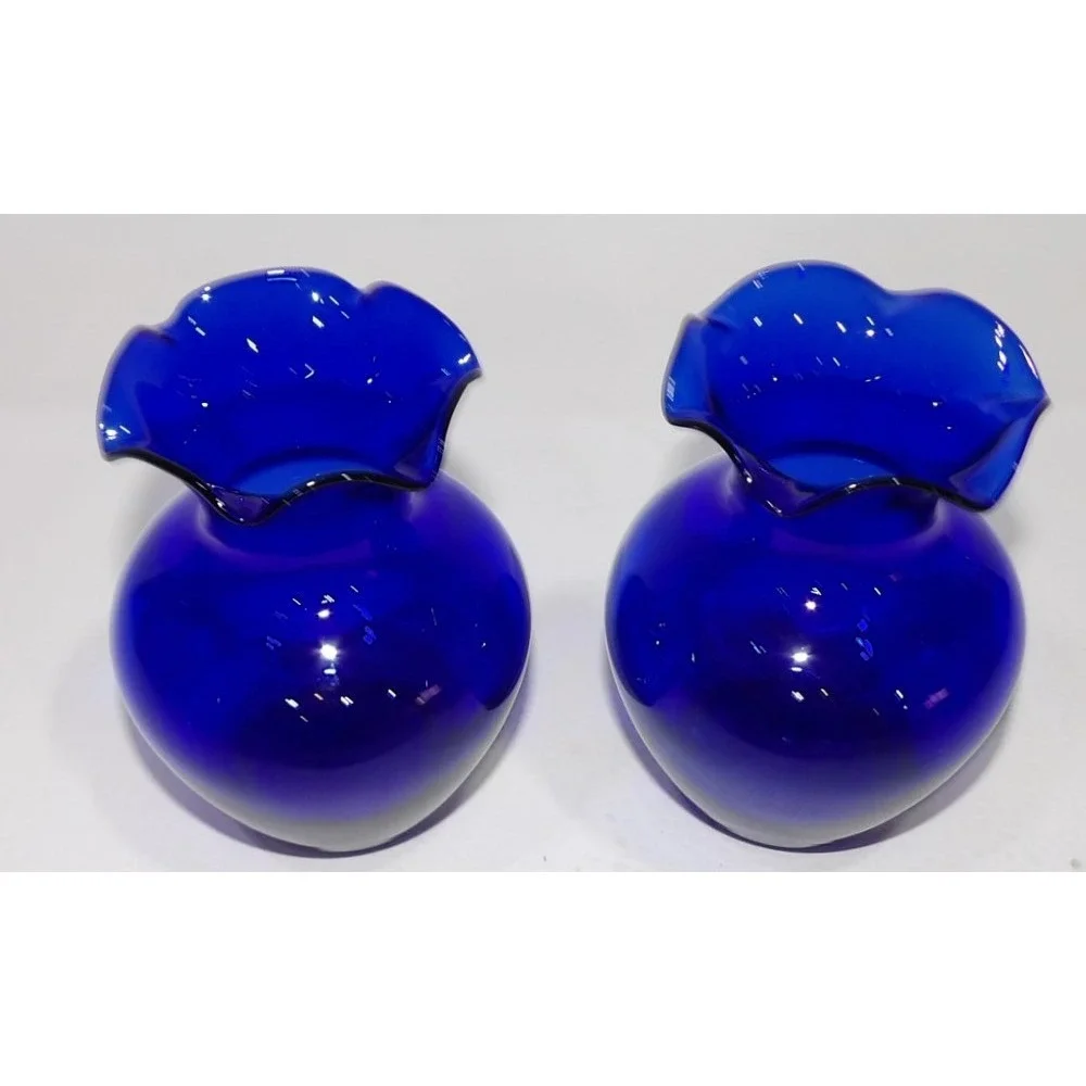 Pair of Cobalt Blue Squat Glass Ruffled Rim Vases 4.5 Inch Mid Century Modern